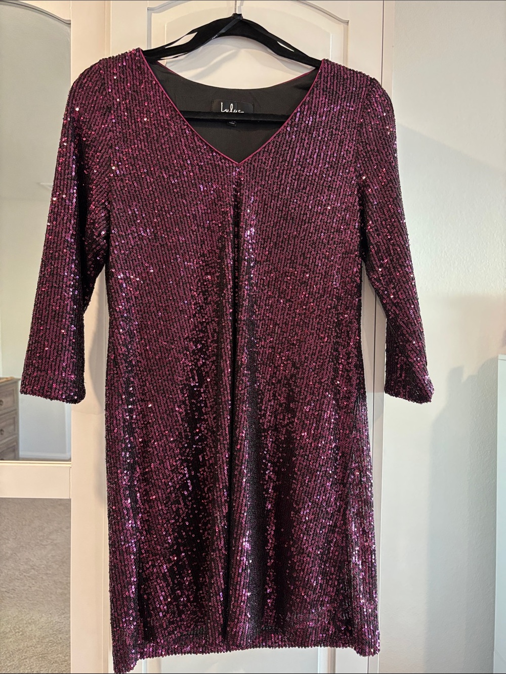 Lulu's Plum Sequin V-Neck Long Sleeve Dress